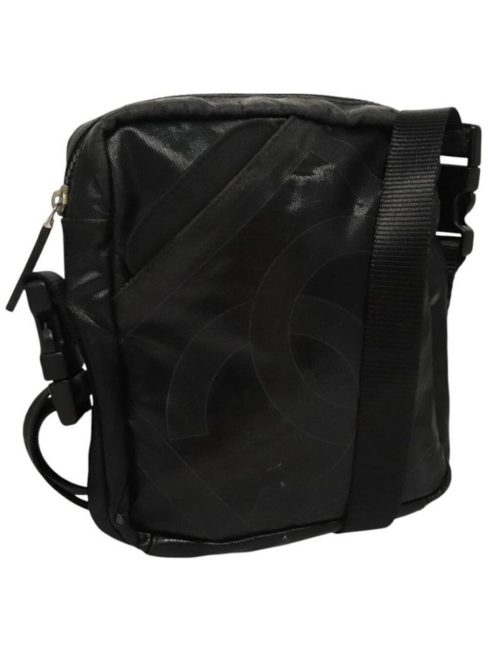 Authentic CHANEL Sports Shoulder Bag Coated Canvas Black CC